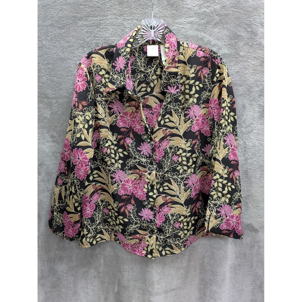 Whimsigoth Sheer Floral Blouse Women 12‎ Pink Black Botanical Cottagecore Office